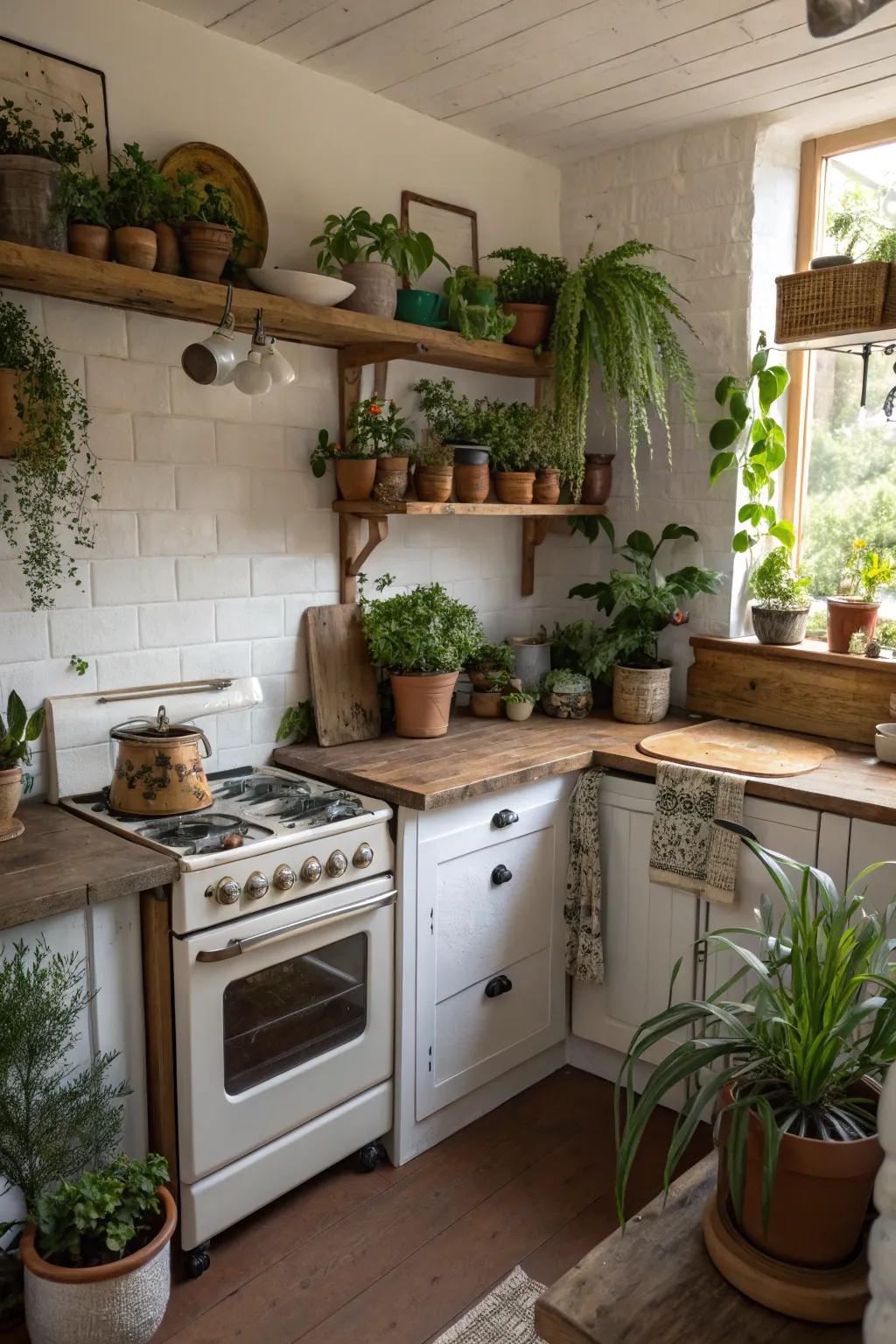 Lush greenery adds vibrancy and life to this rustic kitchen.