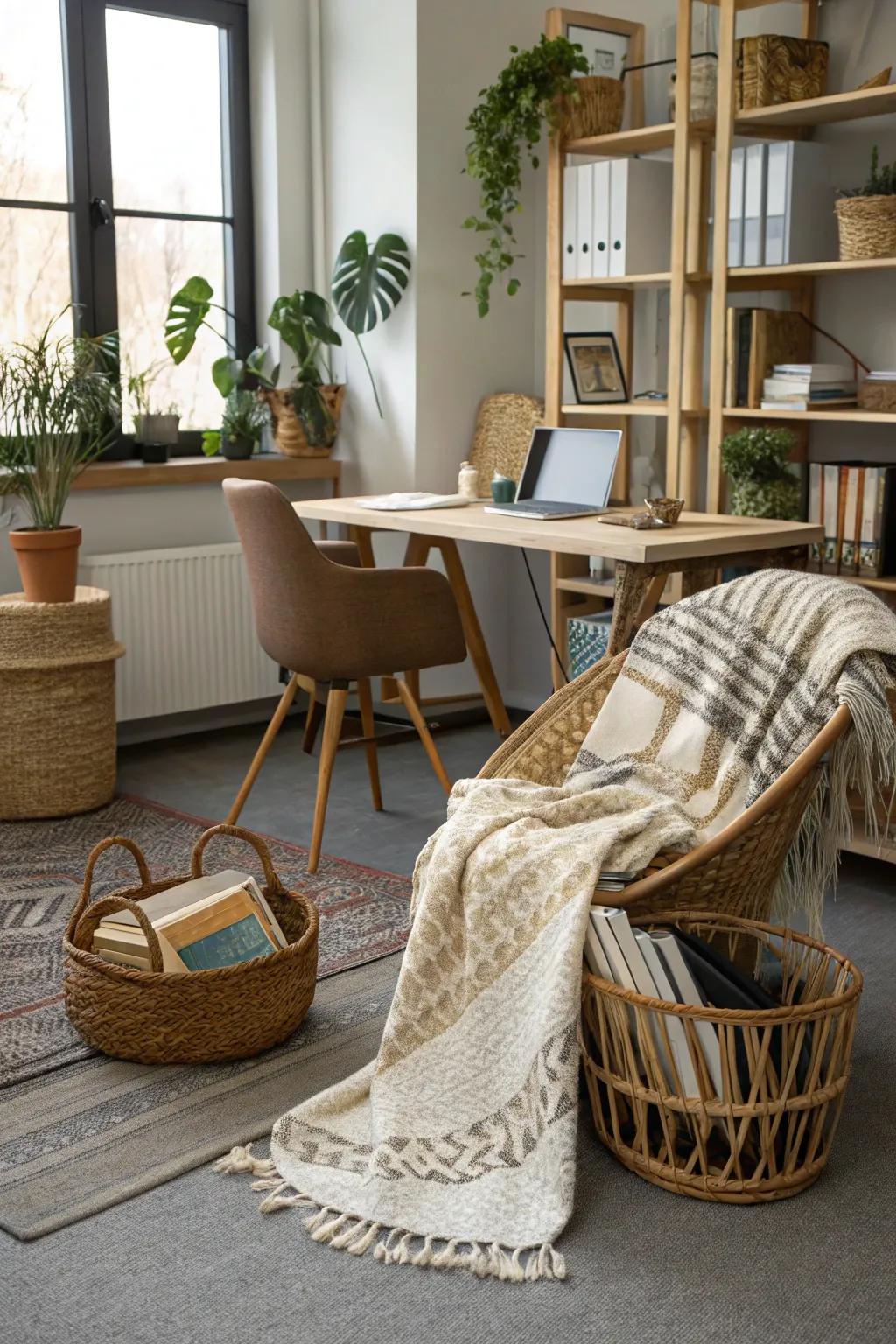 Interwoven textiles append a handcrafted touch and texture to a rustic office.