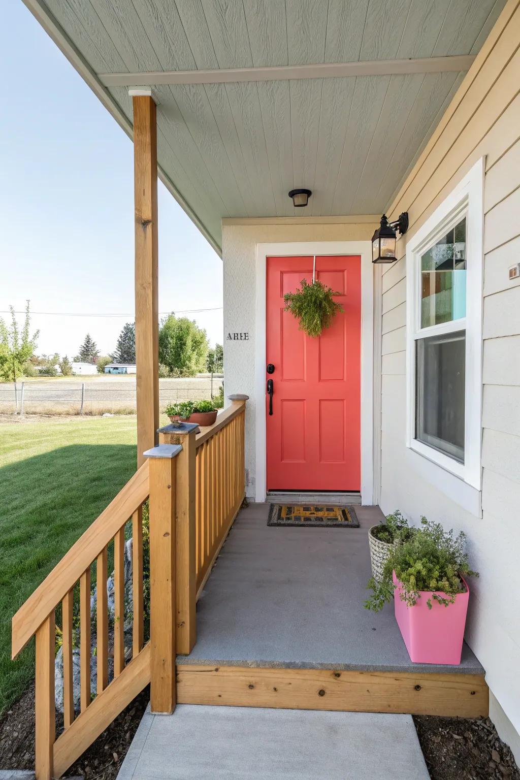 A petite front porch with a door painted in a vivid hue for increased allure.