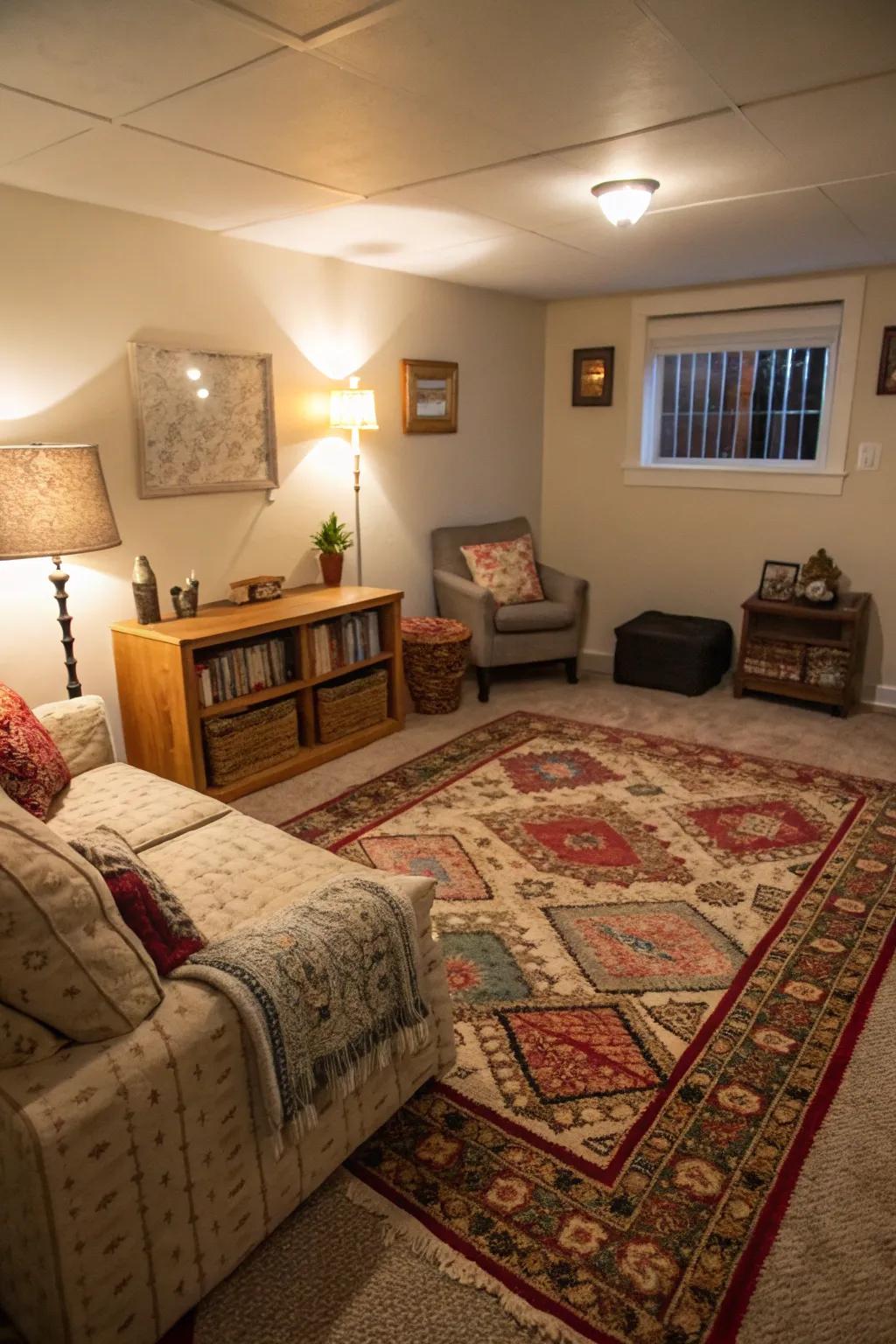 A small living space utilizing rugs to fashion specified zones.