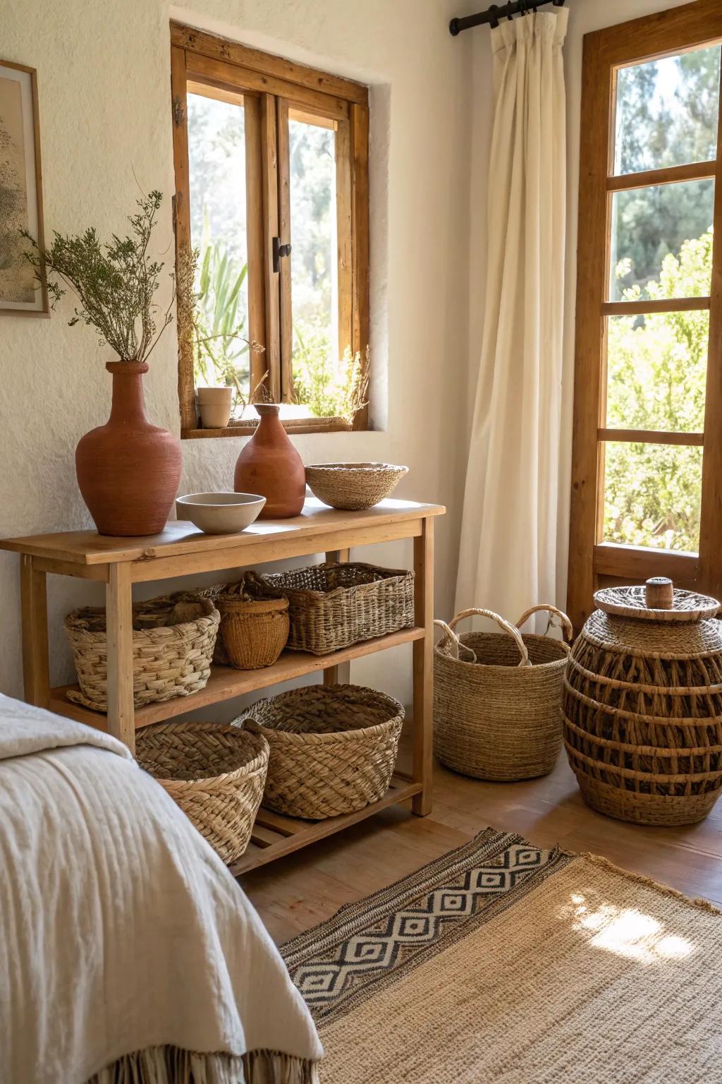 Handcrafted pieces add a personal touch to a modern Spanish bedroom.