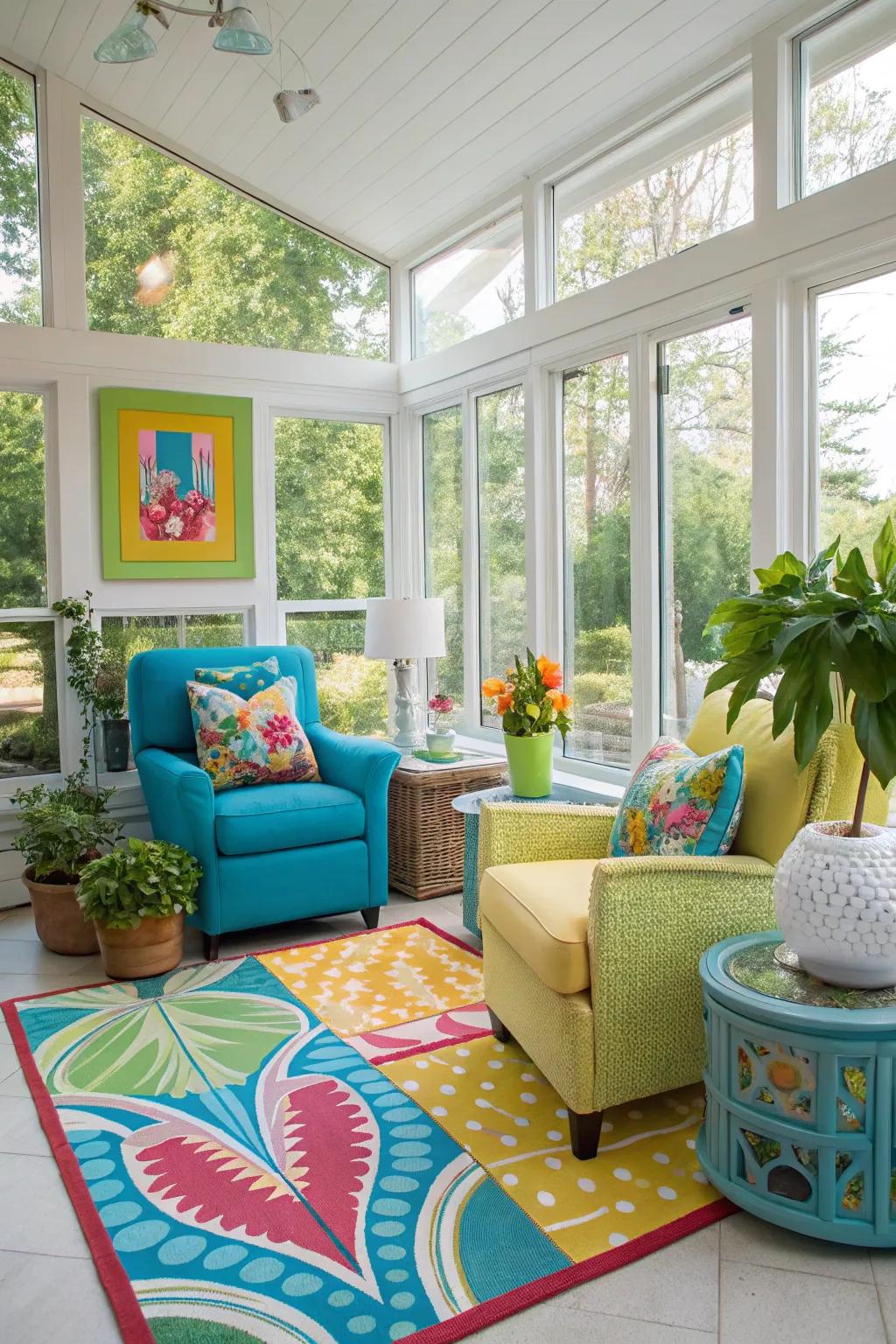 A pop of color brings vibrancy to this modern sunroom.