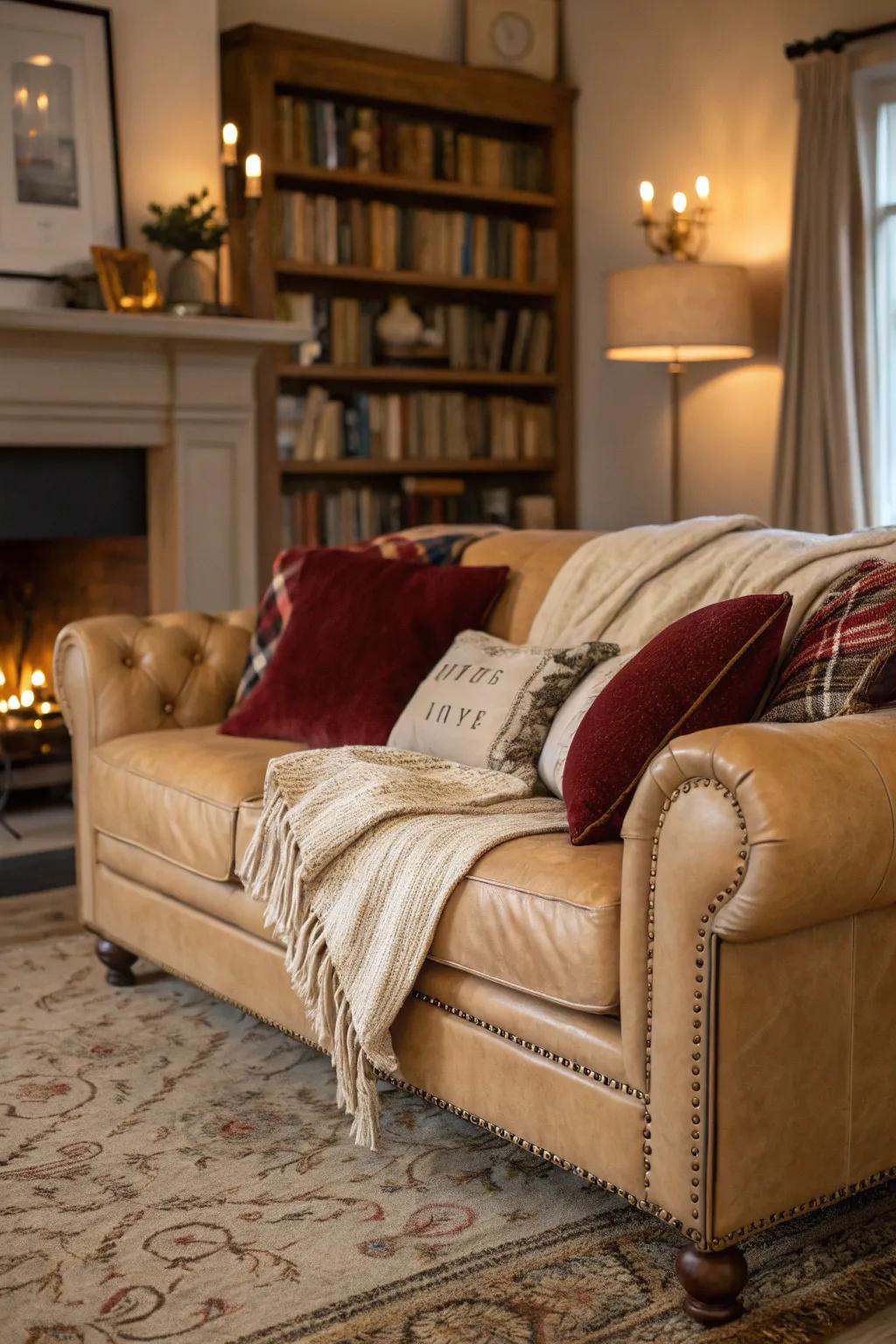 Layered fabrics enhance the comfort of a tawny hide couch.