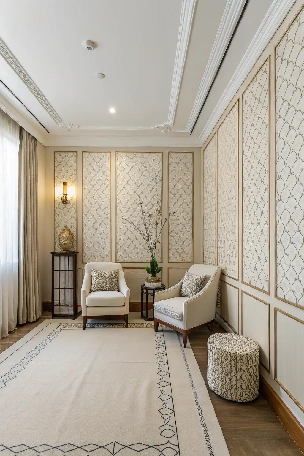 Minimalist line wallcovering provides a subtle backdrop in a minimalist room.