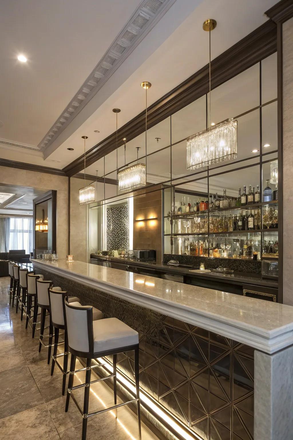 Mirrored elements enhance the openness of your wet bar.
