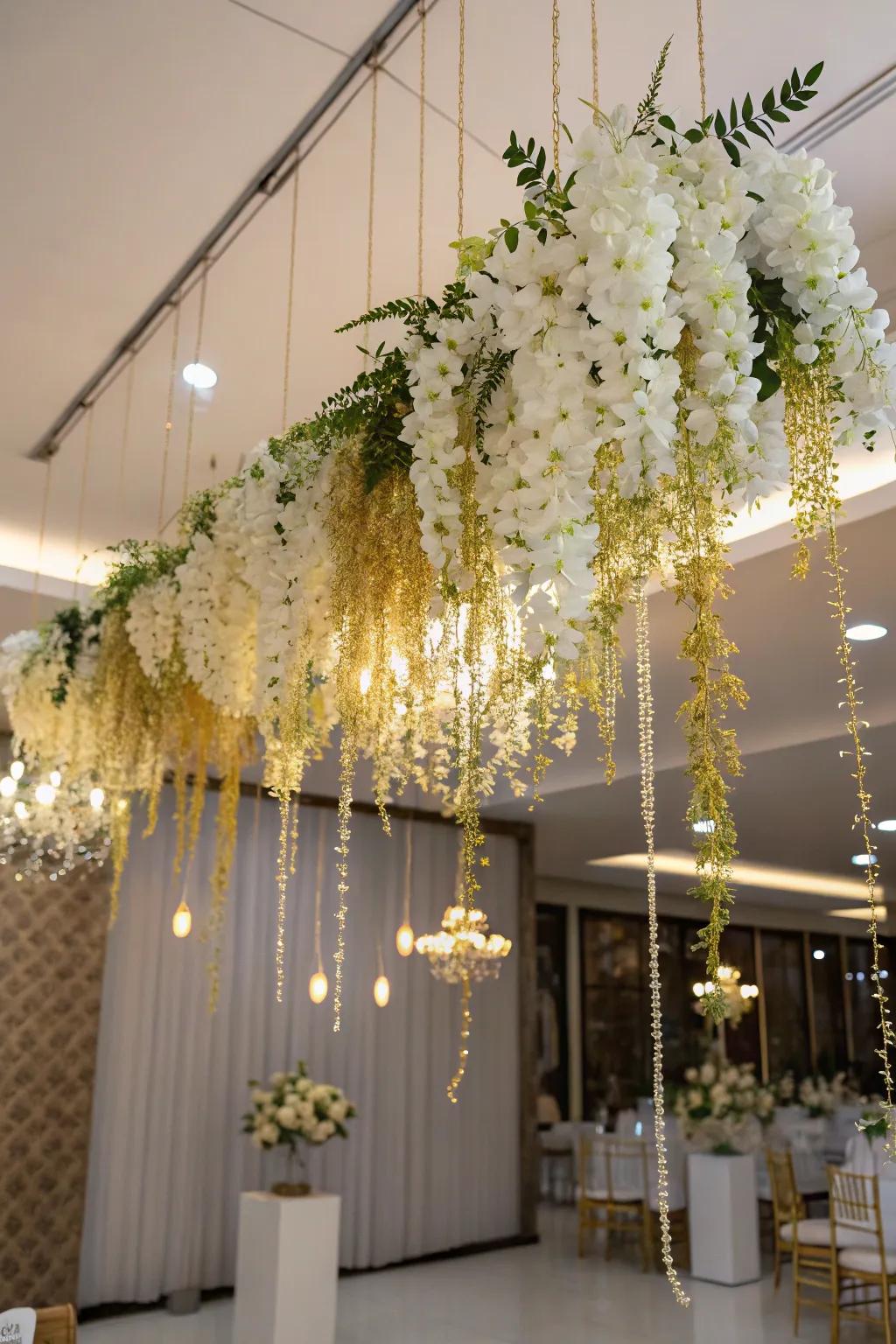 Suspended florals adding a magical, floating garden effect.