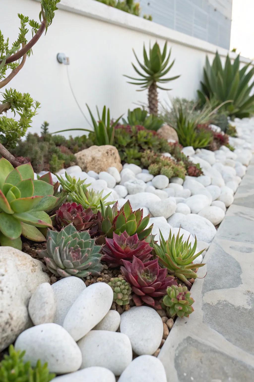 A charming stone rose garden featuring white stones, offering a low-maintenance and enchanting landscape.