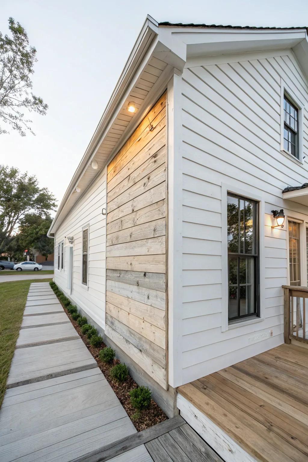 Textured whitewashed planks adding charm to a modern exterior.