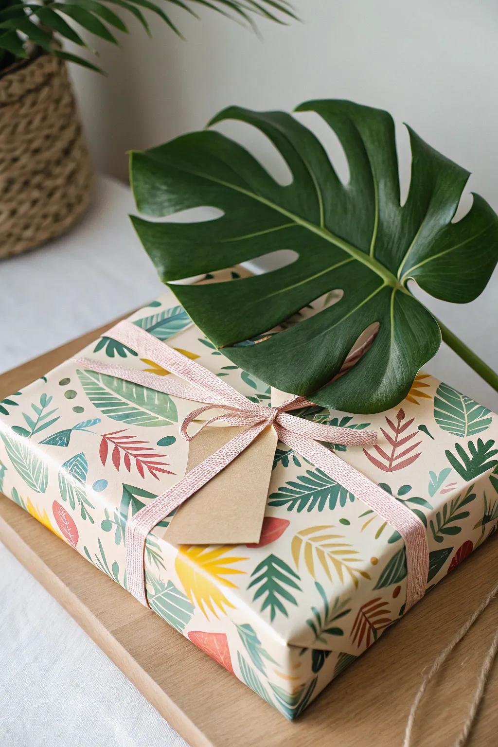 Environmentally friendly gift wrap adorned with a split-leaf philodendron frond.