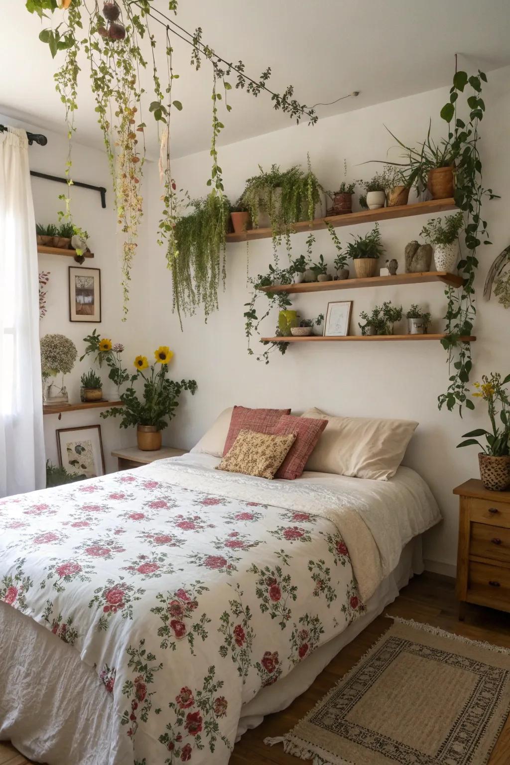 A bedroom with plant parts and dried flowers.
