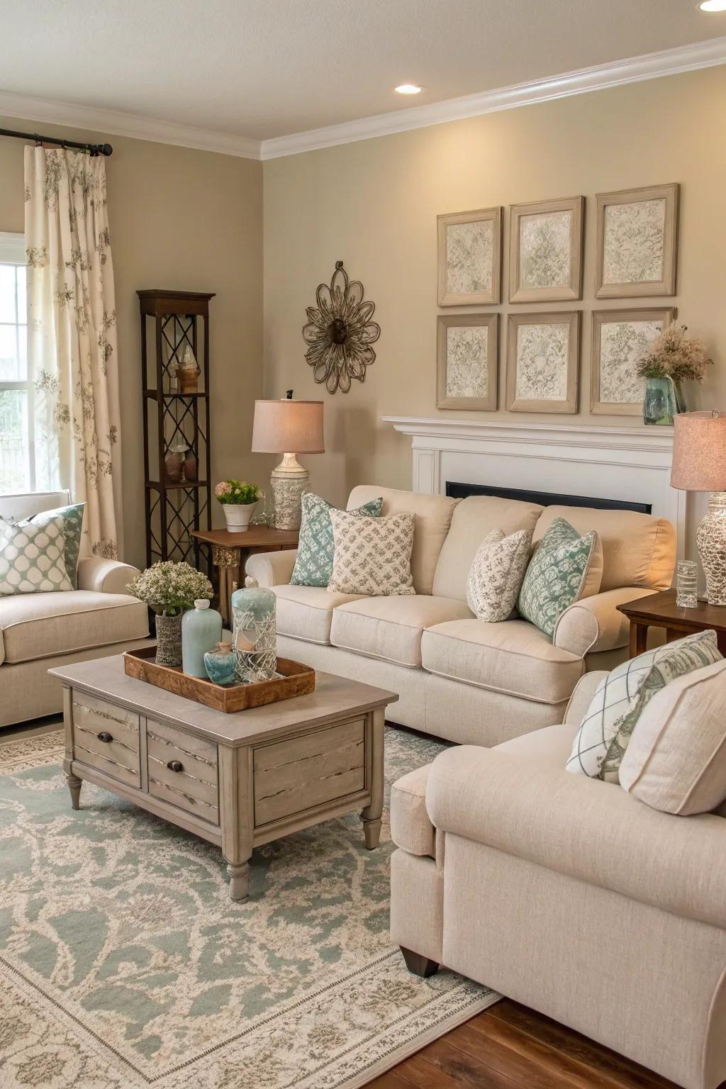 Tonal color scheme crafting cohesion in a shadowy living area.