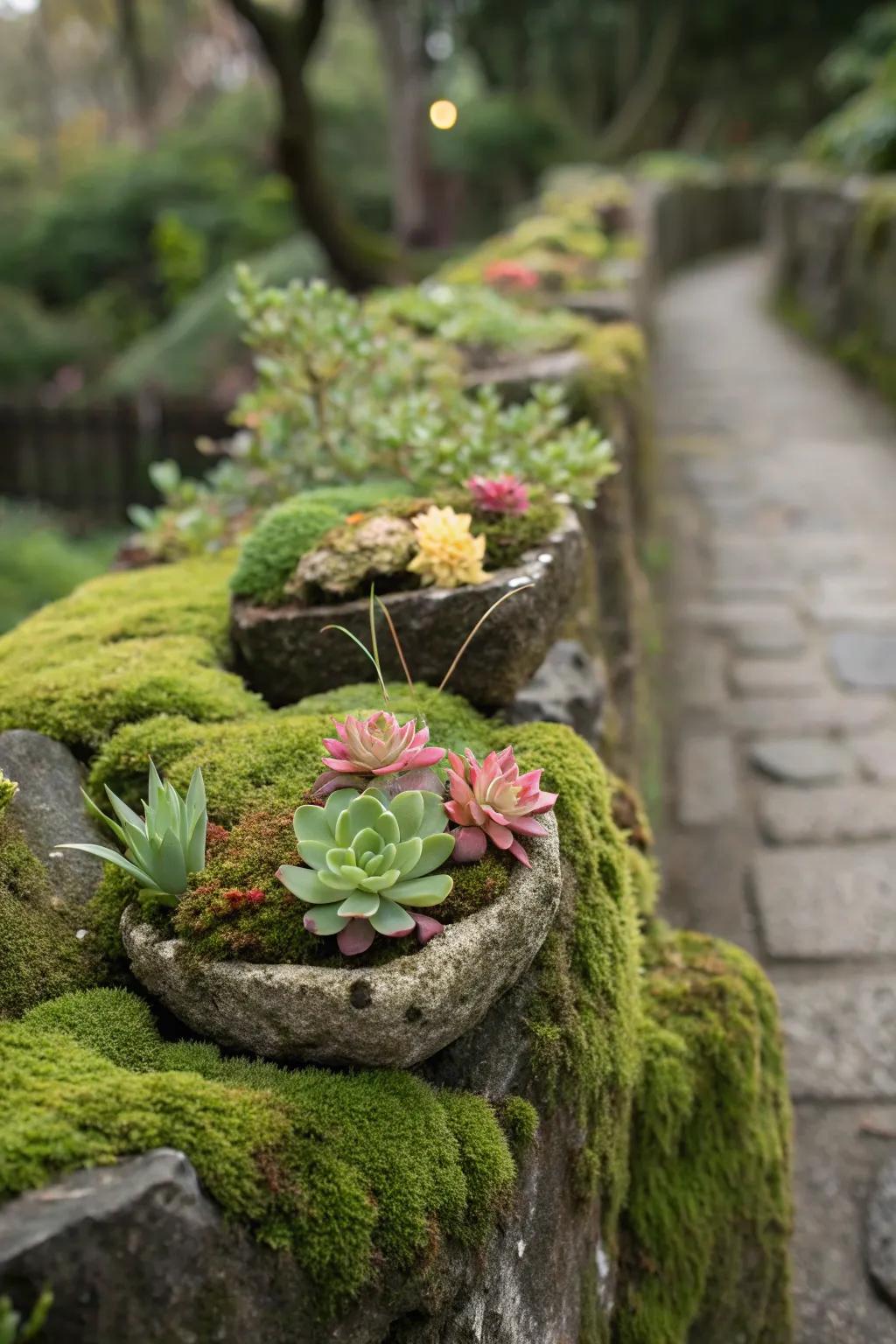 A creative use of moss rocks with vibrant planter pockets.