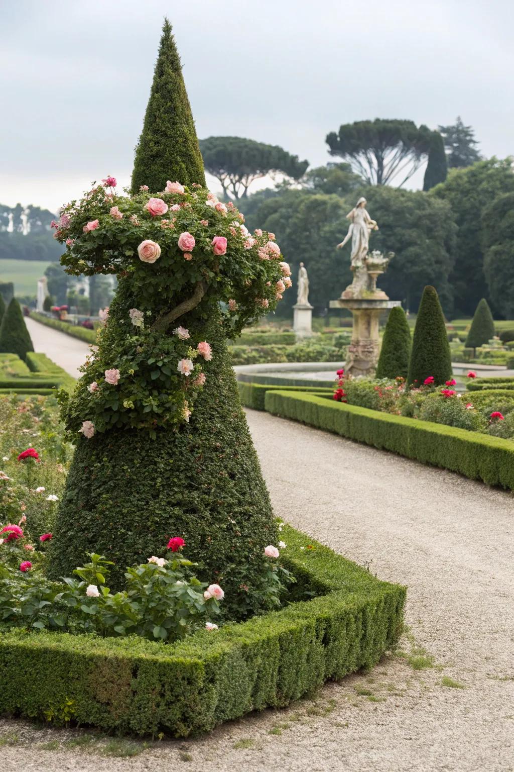 A sun jewel topiary offers a graceful greenery feature.