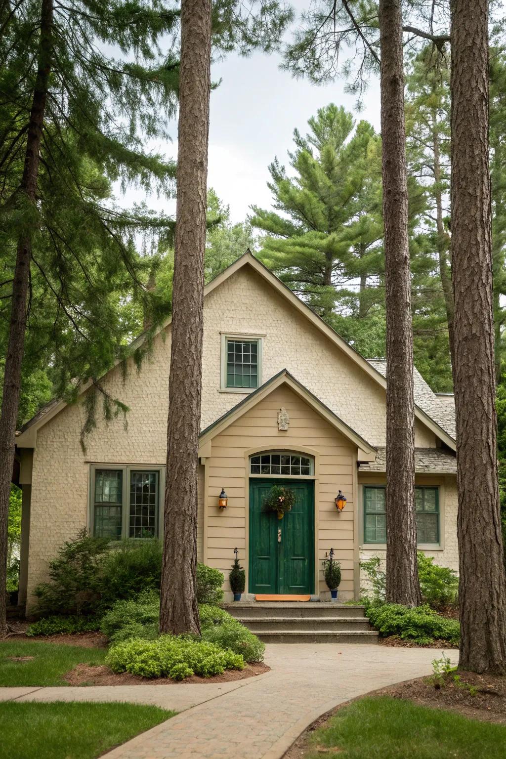 A canopy entrance harmonizes with nature around a beige house.