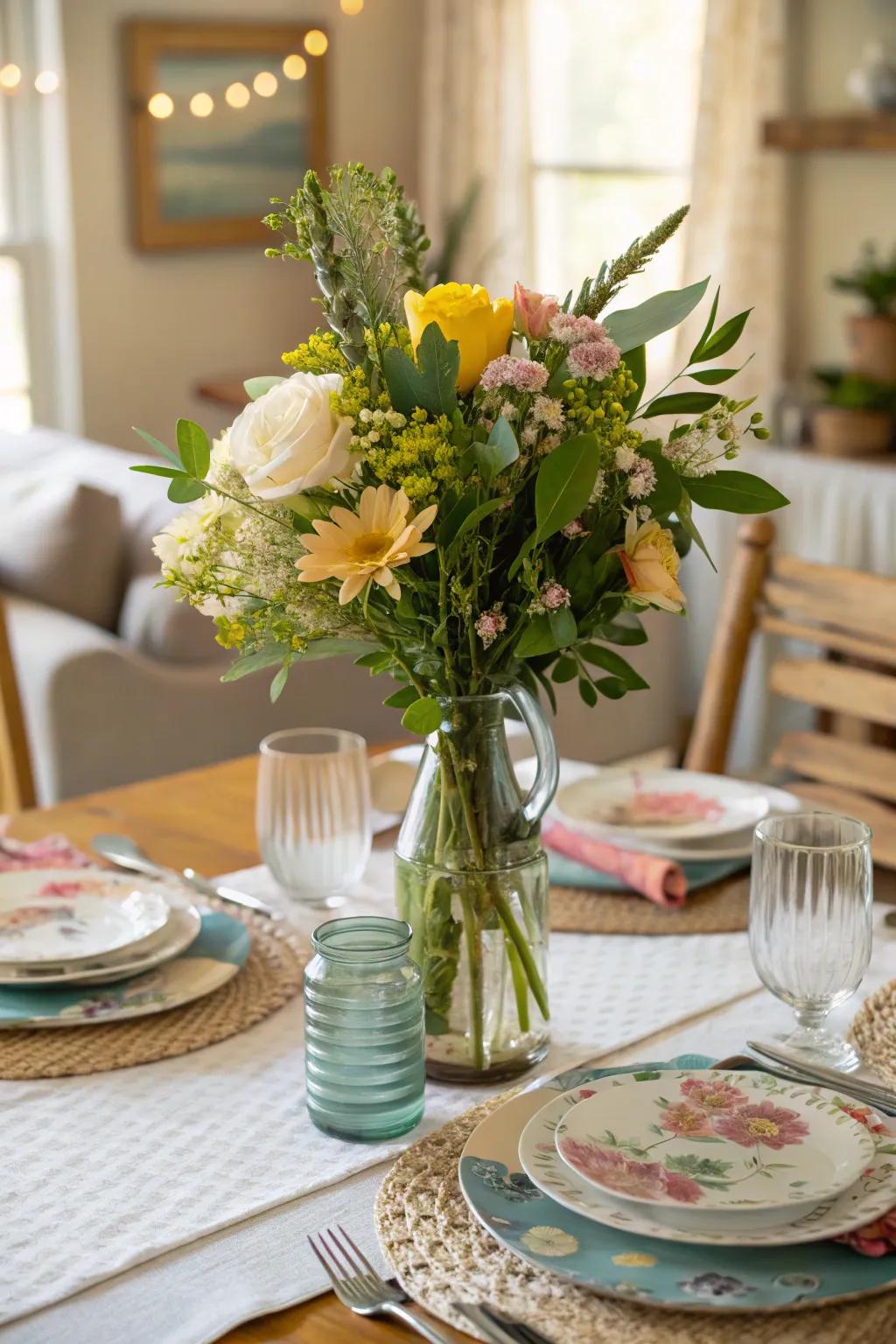 A DIY centerpiece adds a personal touch to the table.