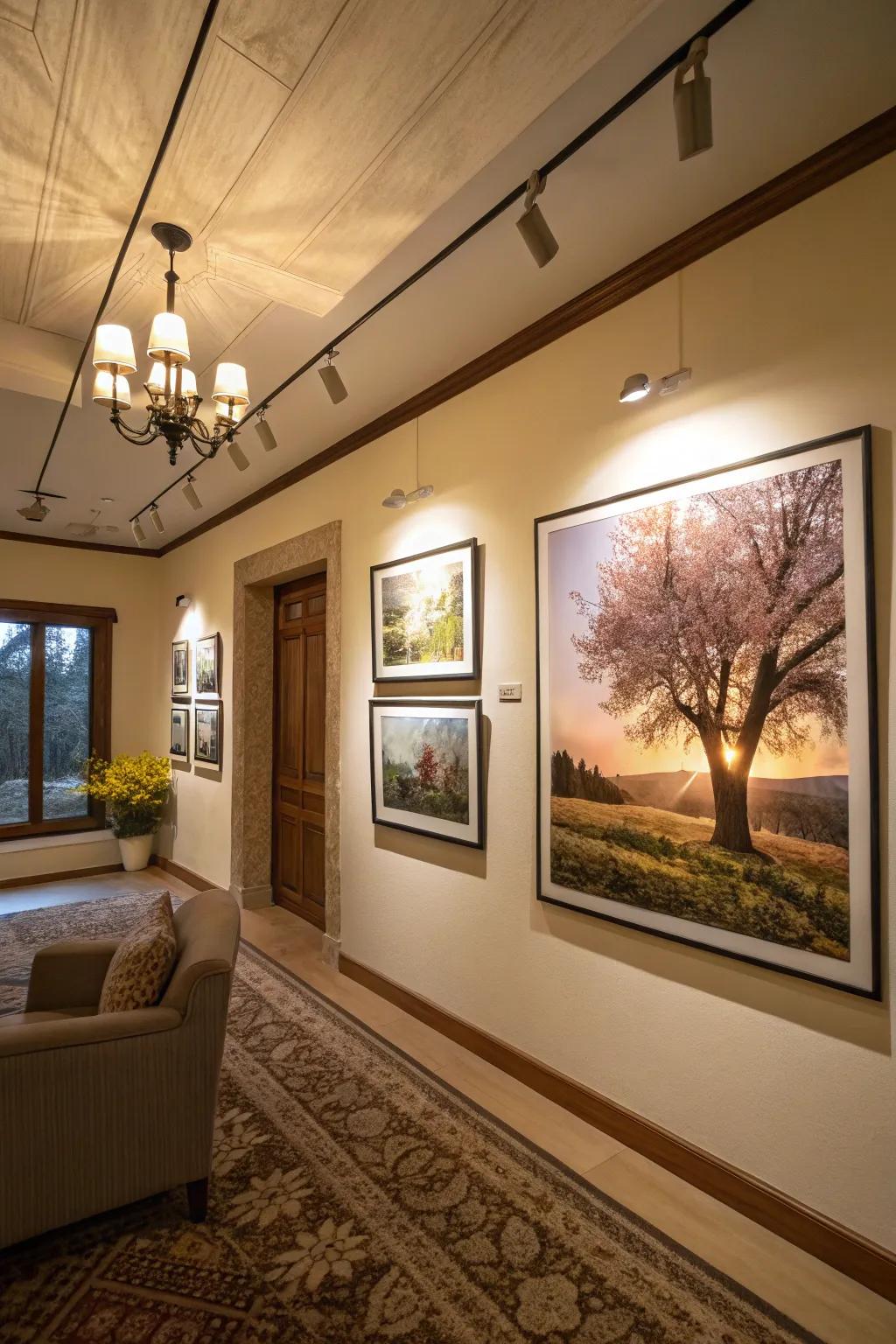 Elegant room showcasing framed nature imagery.