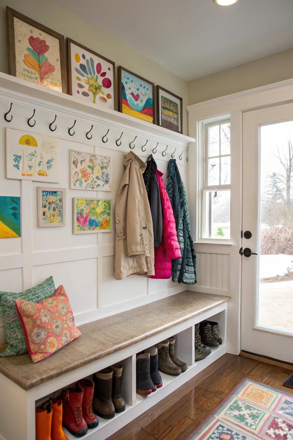 A customized mudroom bench space emphasized with art.