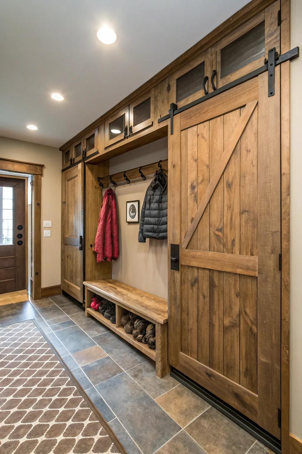 A mudroom features sliding doors that add a look that’s both rustic and modern.