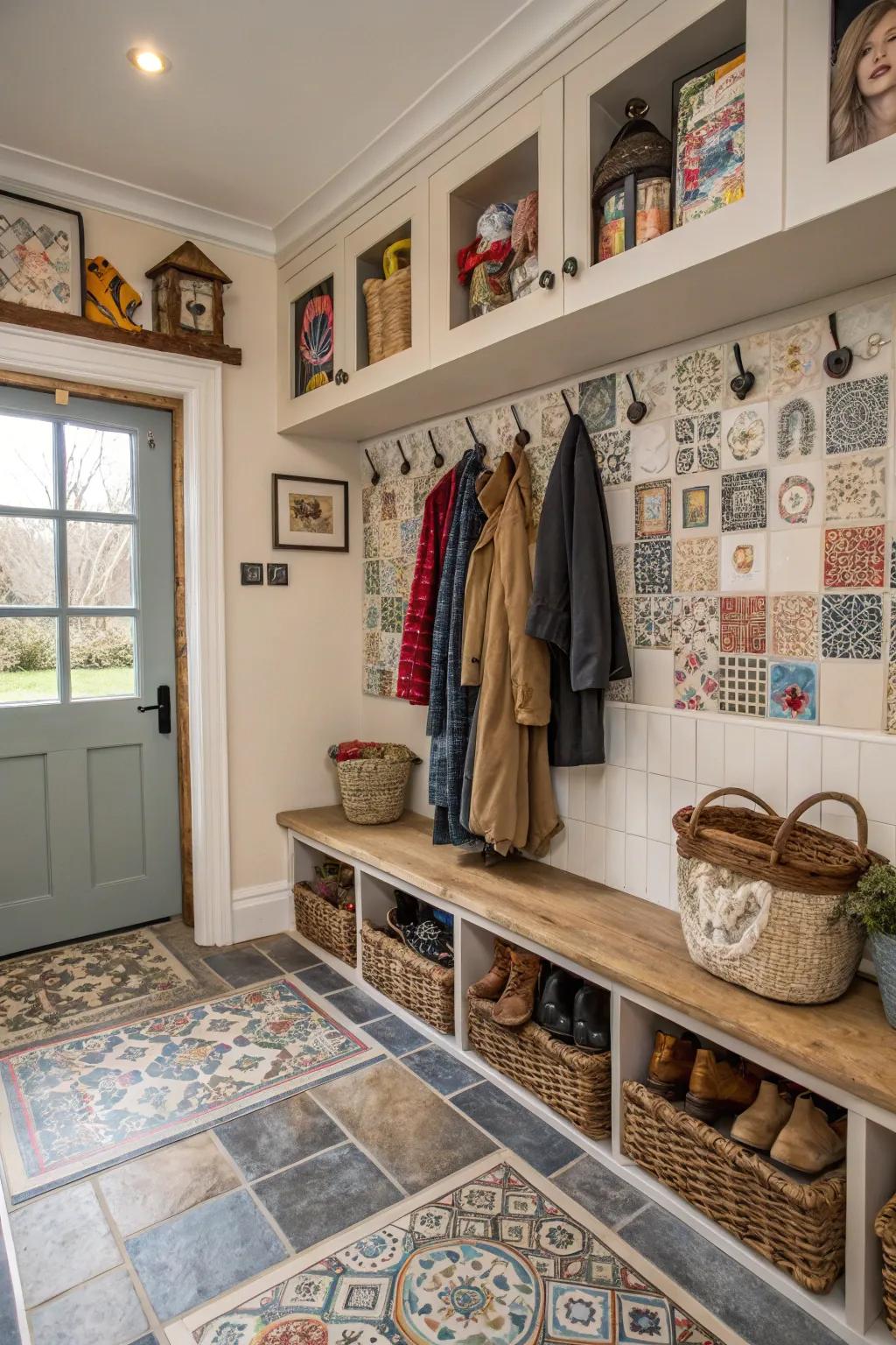 A diverse combination of tiles creating a personalized mudroom