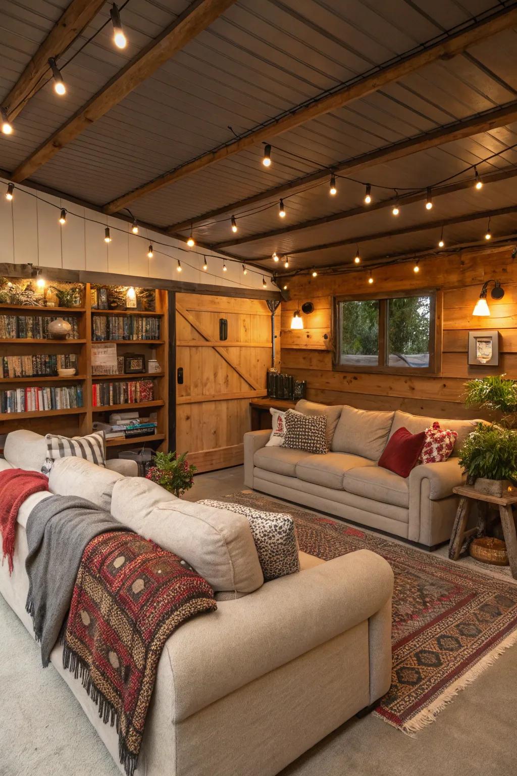 A comfortable living zone set up inside a garage.