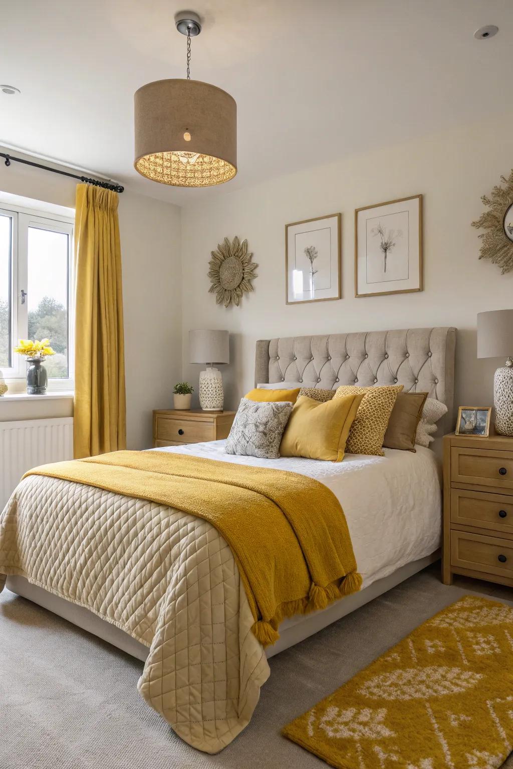 A bedroom using yellow designs and calming design.