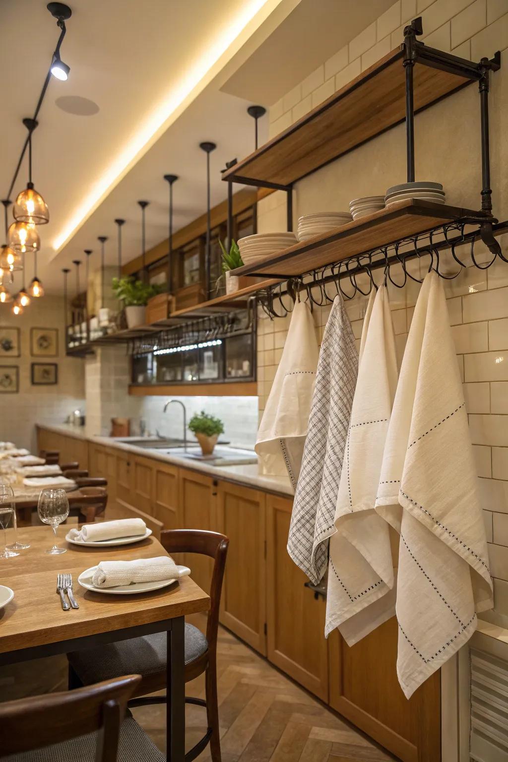 Overhead racks provide an innovative solution for napkin storage.