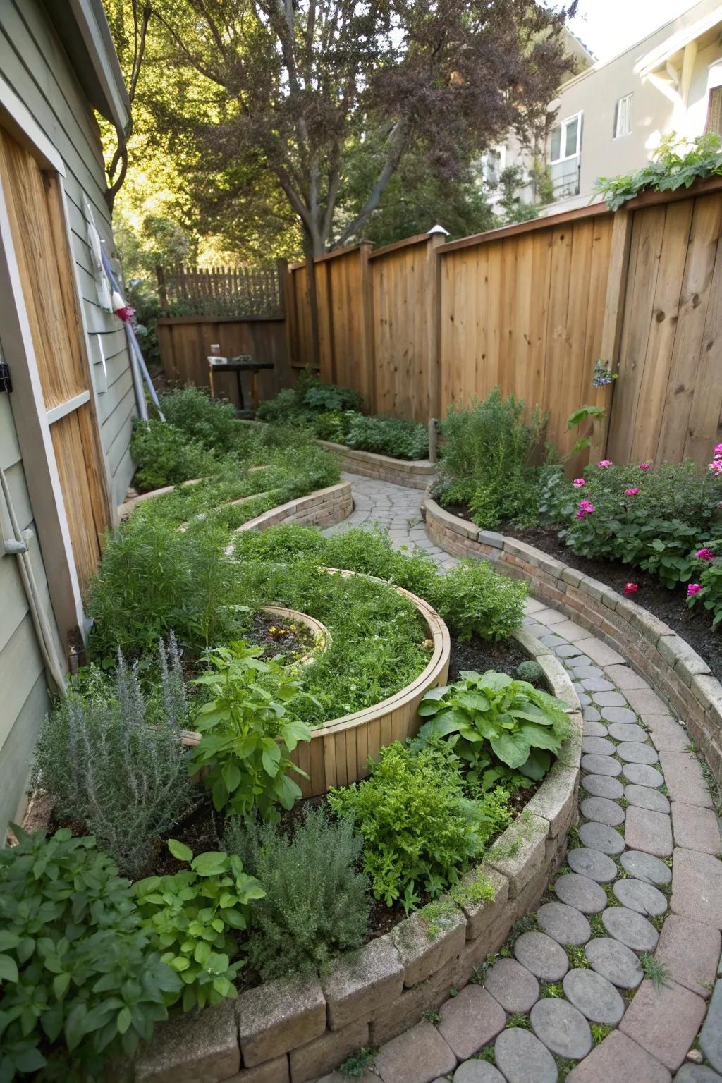 A spice spiral brings up-and-down curiosity and fresh tastes to a slim garden.