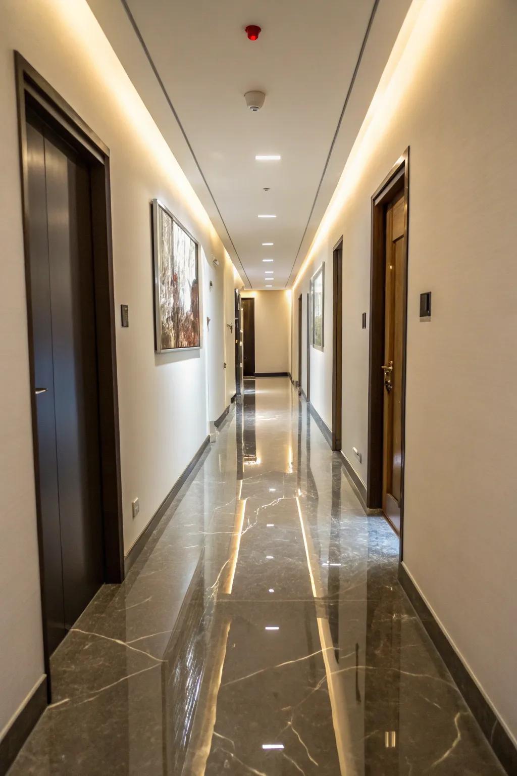 Resin coating offers a modern, seamless finish for hallway floors.