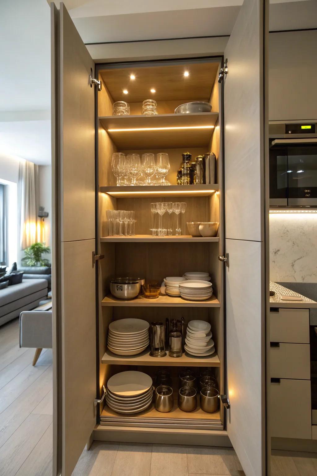 Integrated lighting in a slim cabinet enhancing visibility and ambiance.