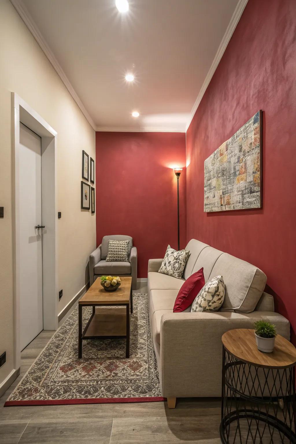 A striking accent wall bringing character into a slender living area.