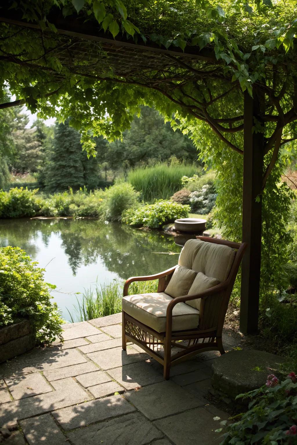 A hidden alcove presenting a private retreat by a genuine pond.