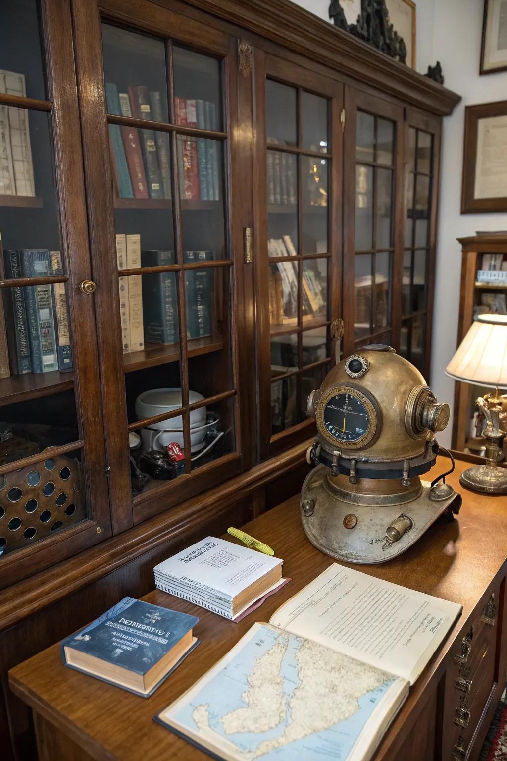 A vintage submerging helmet represents a striking enhancement to any marine decor selection.