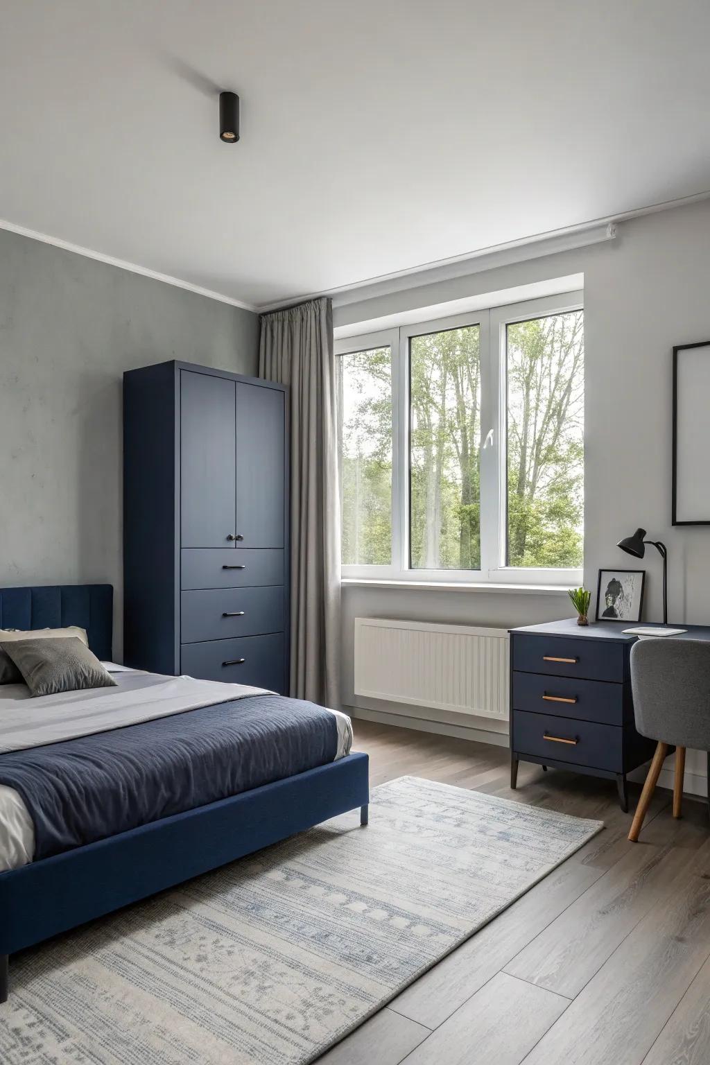 Minimalist furniture enhances the room’s clean lines, keeping the focus on the elegant color scheme.