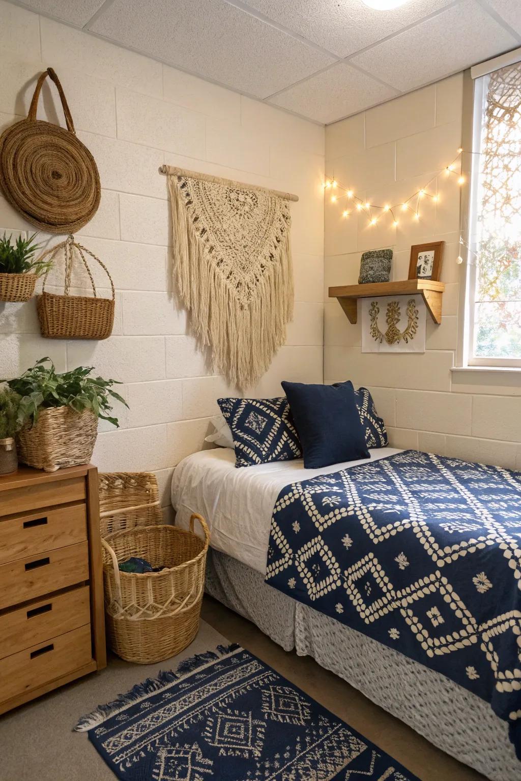Bohemian chic accents contribute a relaxed vibe to your dorm room.