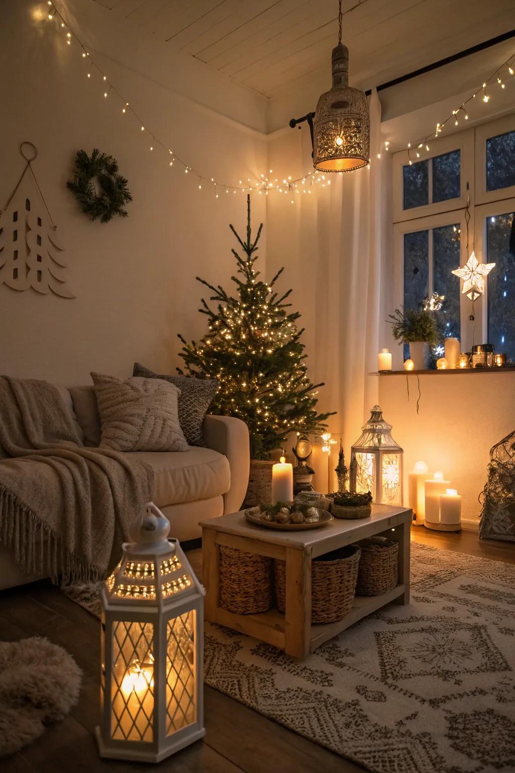 Candles and lanterns create a cozy glow for New Year's Eve.