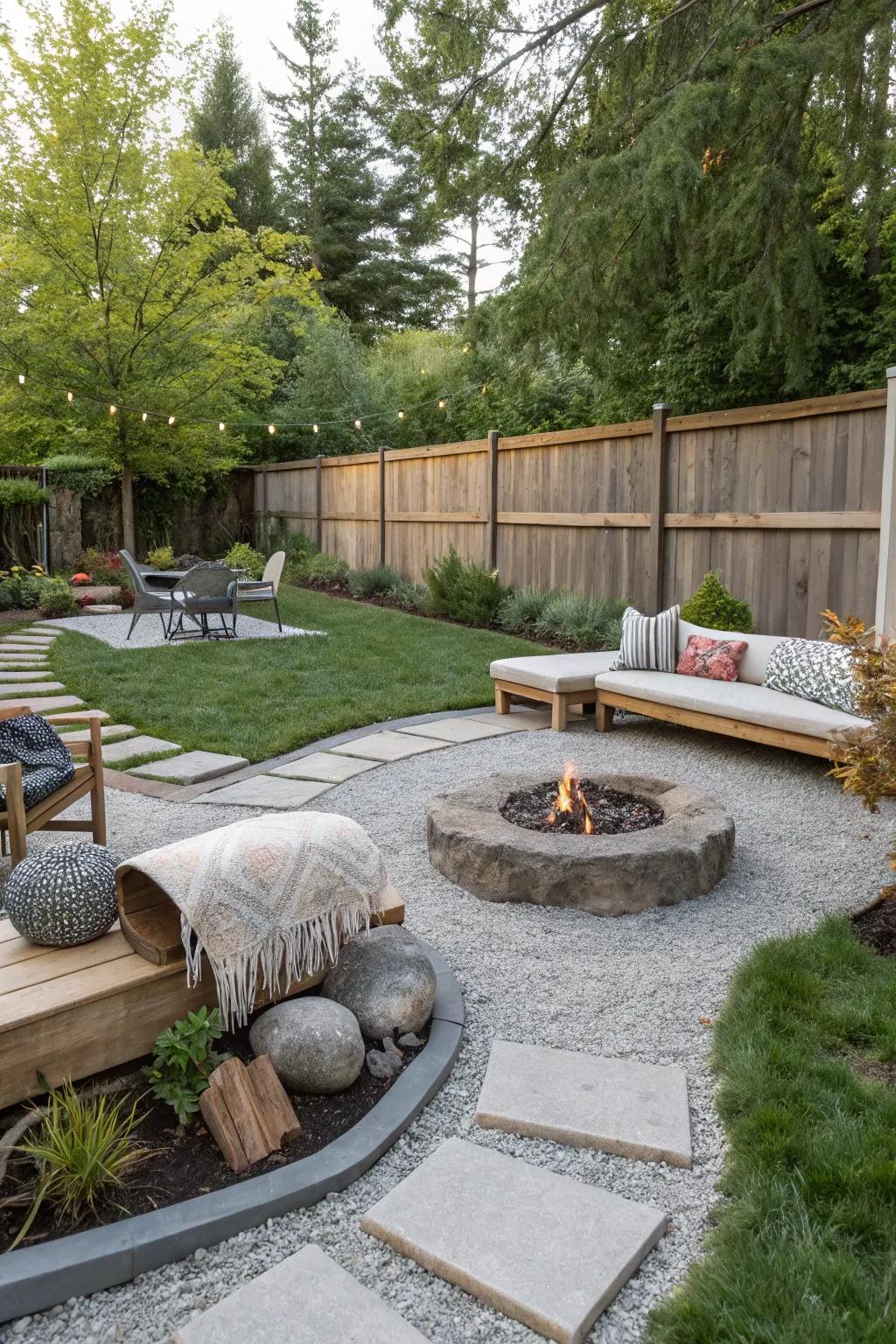 A well-organized backyard using stone to create distinct zones.