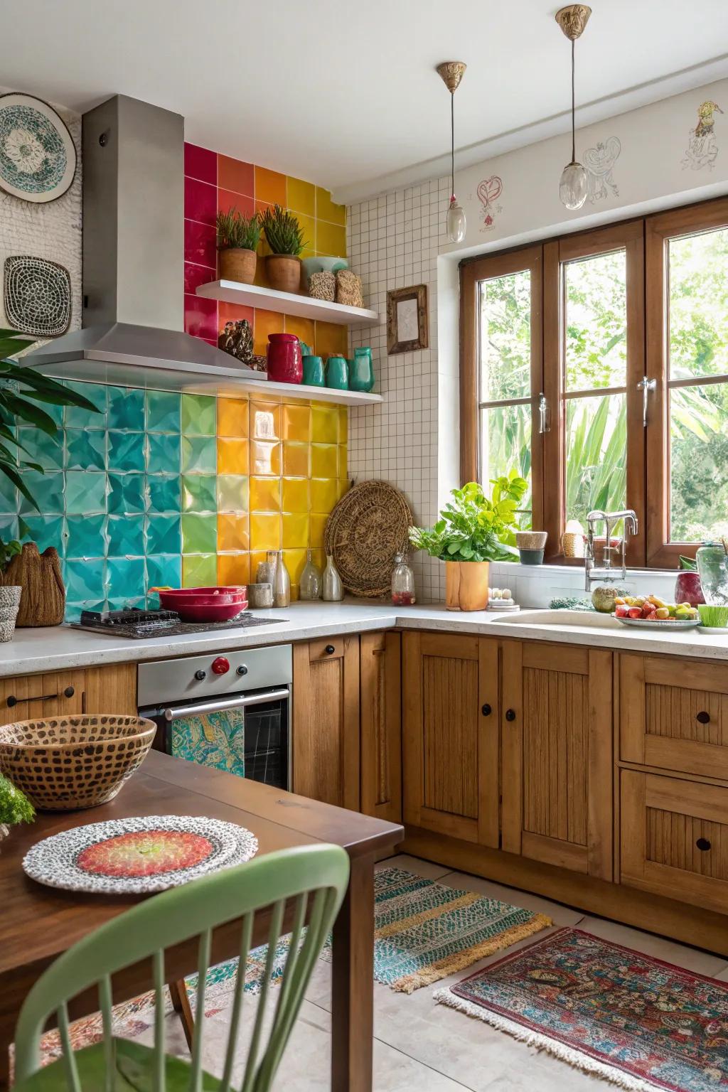 Colored glass backsplashes provide a vibrant and playful focal point in kitchens.