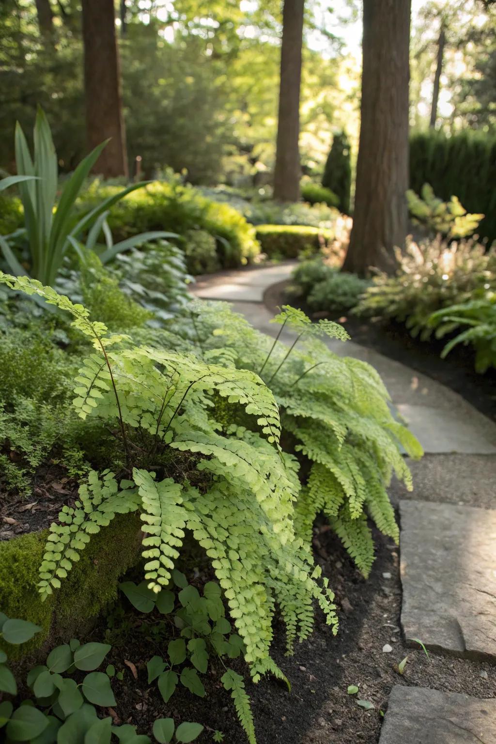 Maidenhair ferns offer subtle beauty with their airy leaves.