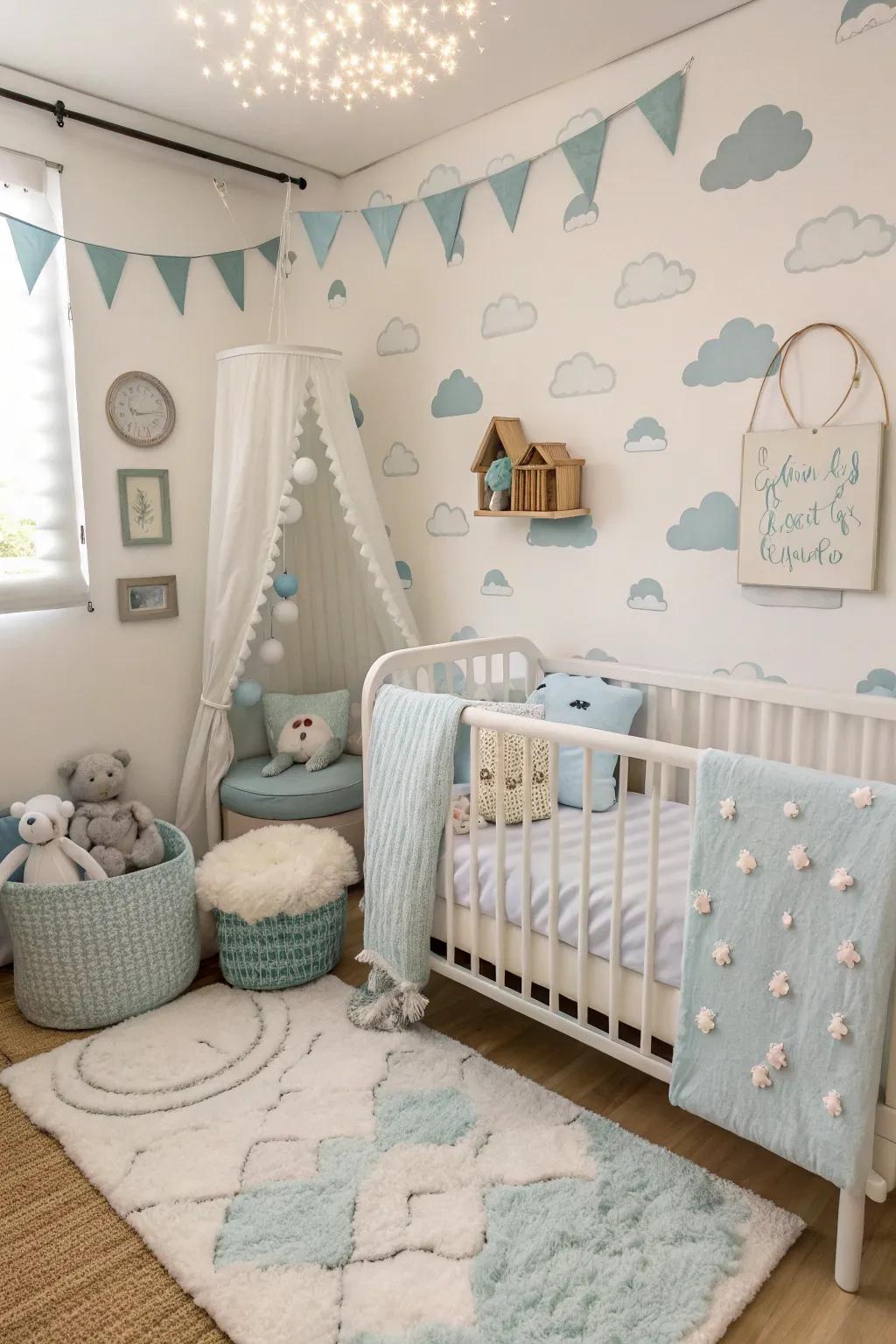 Float away on ethereal vista within your cozy nursery.