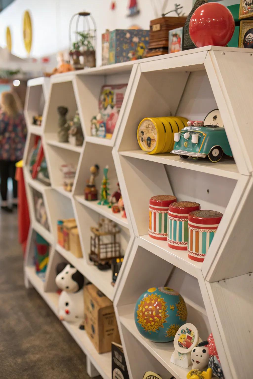 Whimsical items create a playful atmosphere on octagon shelves.