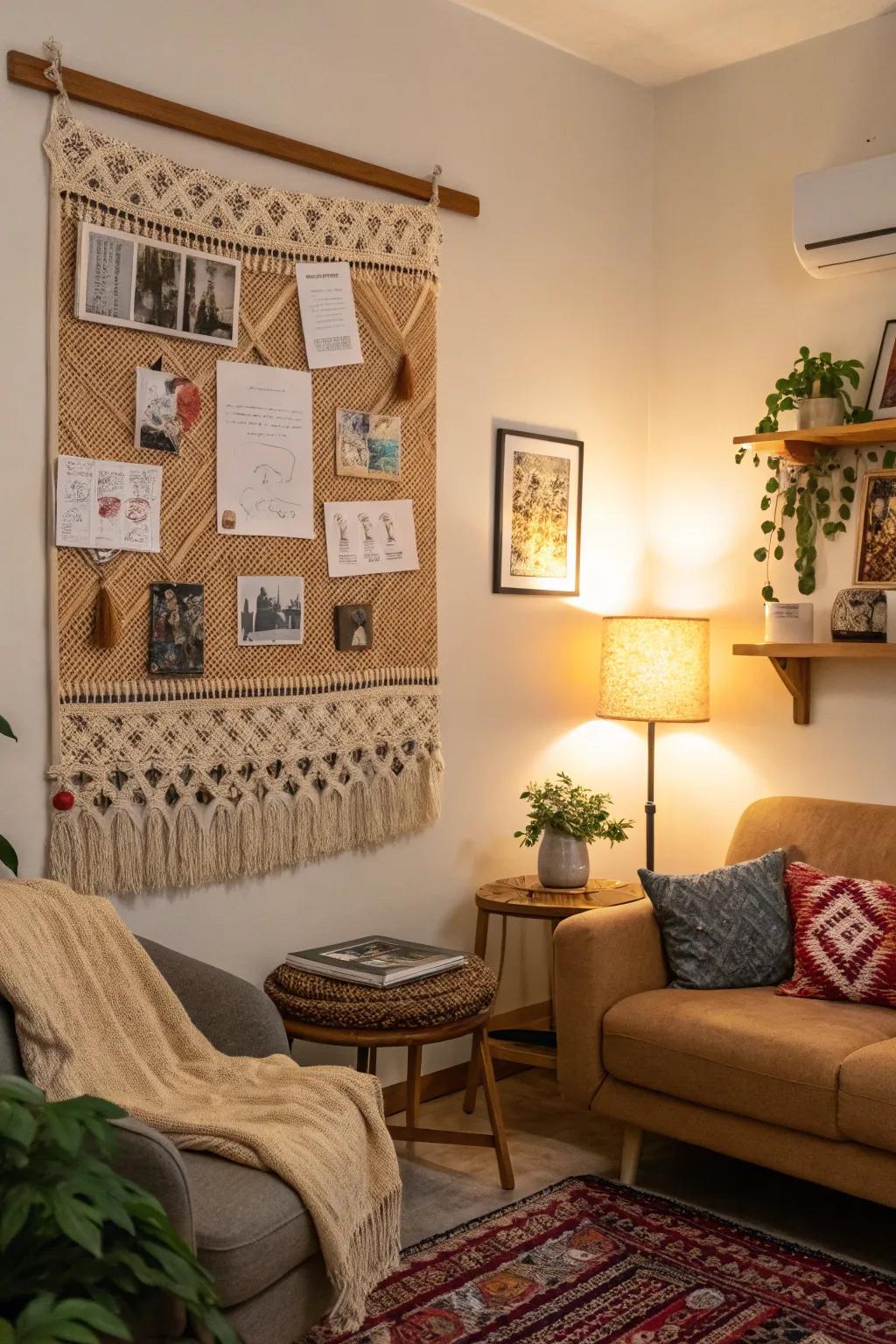 A cozy living room bulletin board with a textured tapestry.