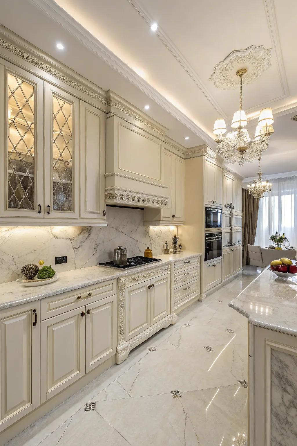 Lavish touches elevate the allure of soft white kitchens.