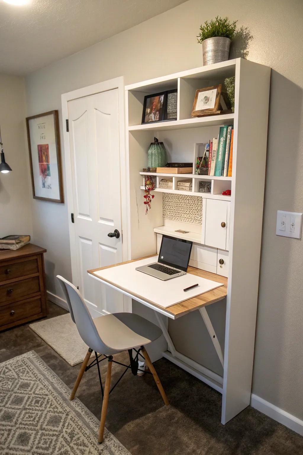 A fold-down desk offers a space-efficient solution for small offices.