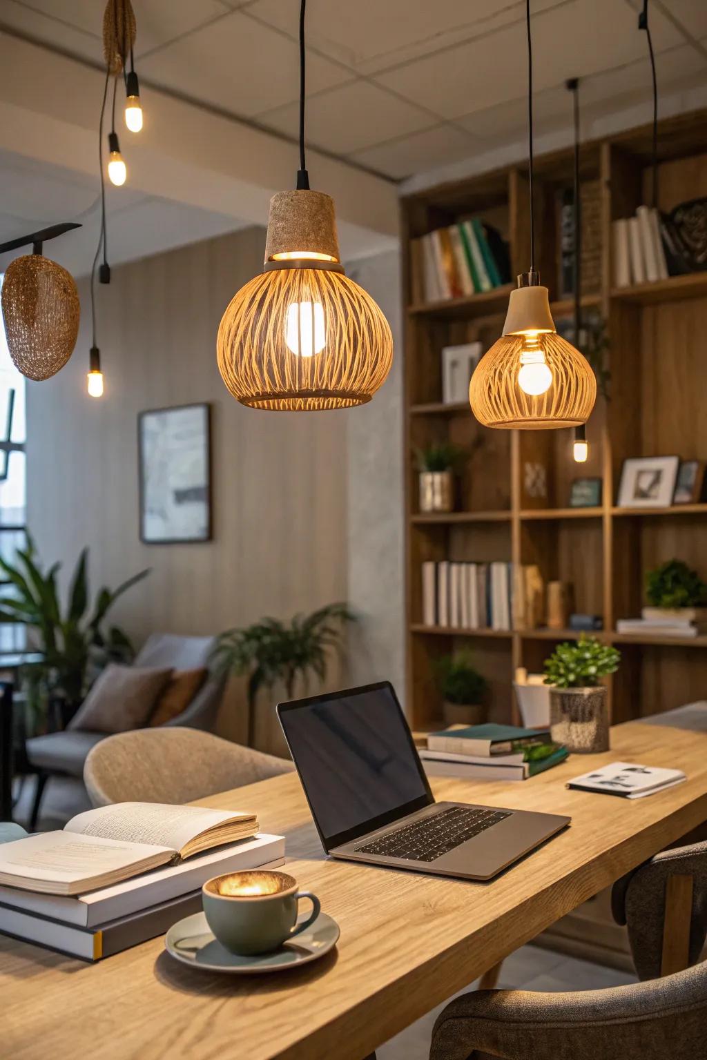 Create a warm atmosphere using wooden pendant illumination.