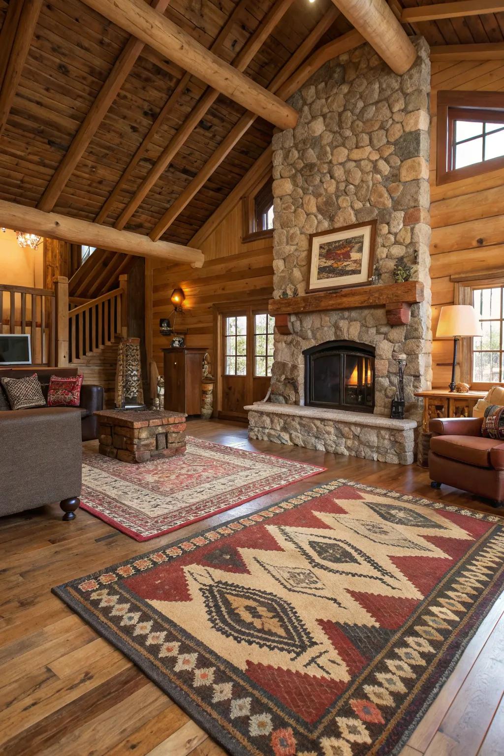 Unrefined retreat living space featuring layered floor coverings in a variety of textures and patterns.