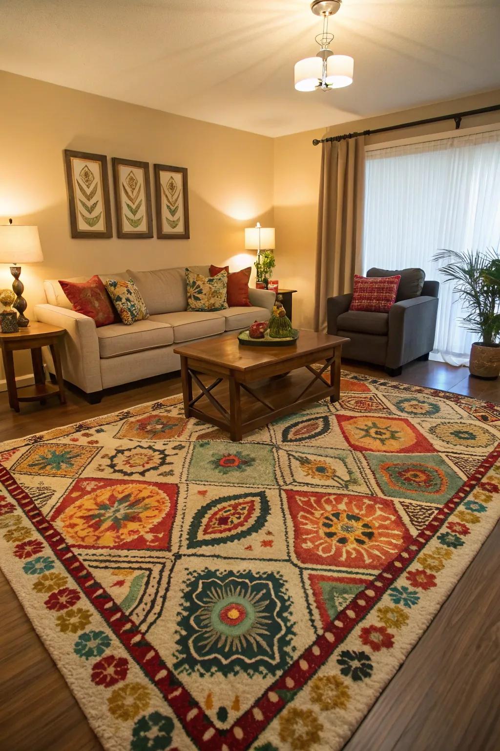 A statement rug unites the room.