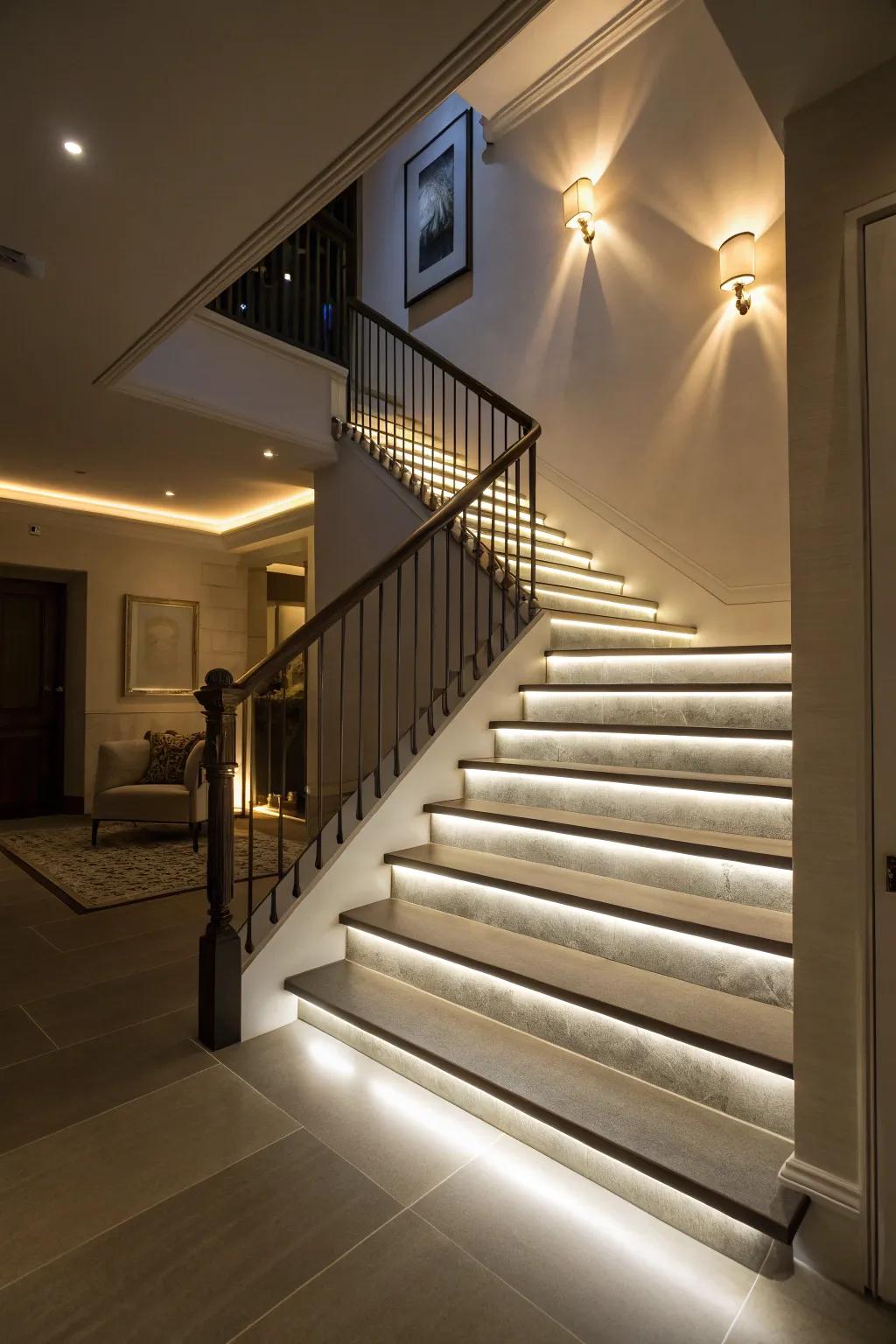 Concealed illumination appends theatrics and elegance to the staircase.