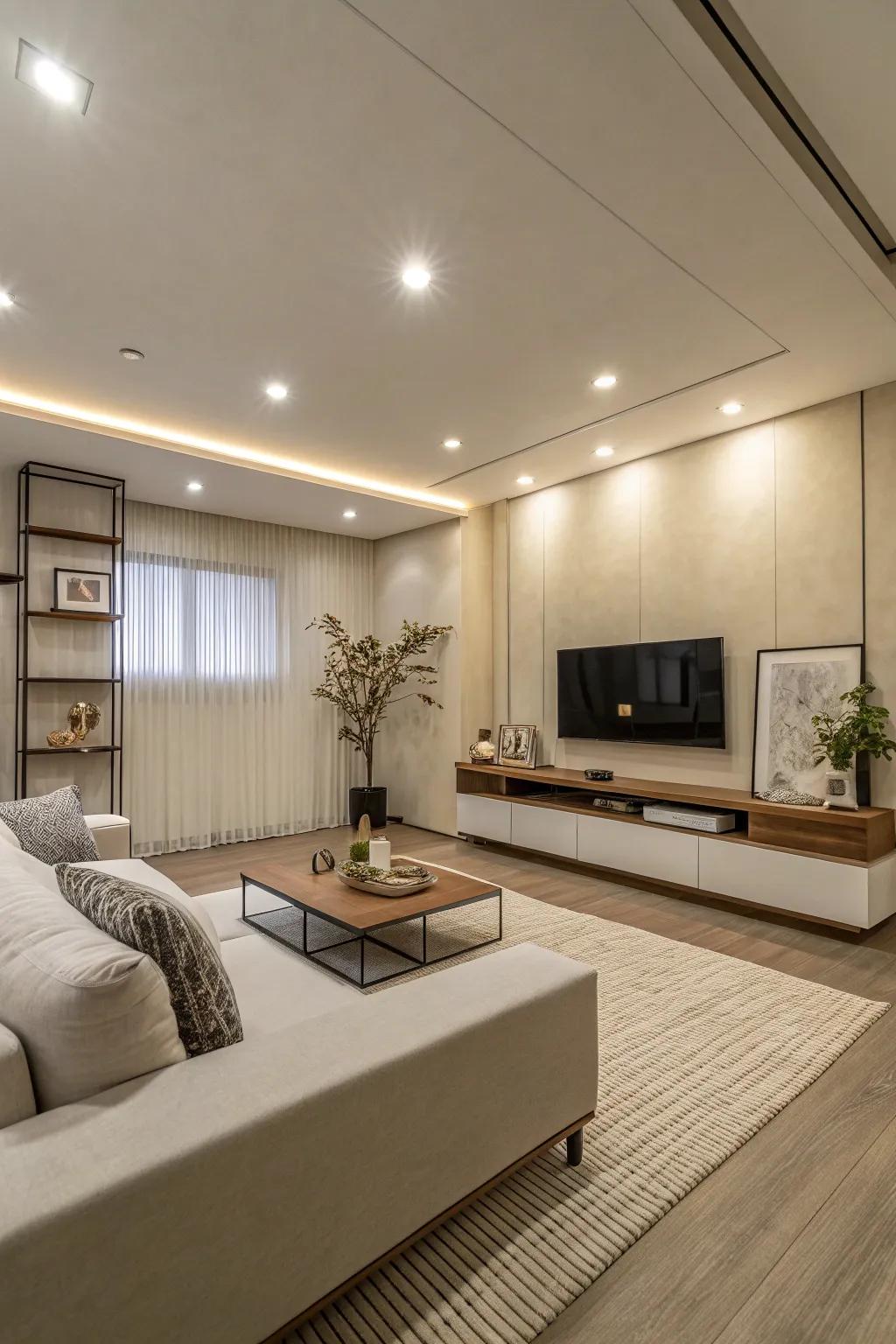 A minimalist lounge with built-in lighting that enhances the clean aesthetic.
