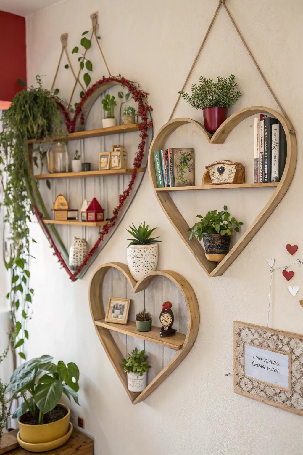Heart-form wall mounts provide a playful display alternative.