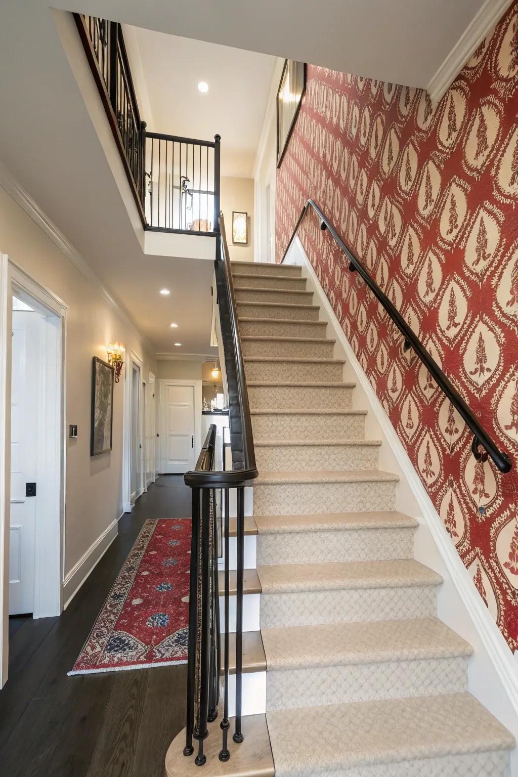 A feature wall fashions a striking backdrop for this stairway.